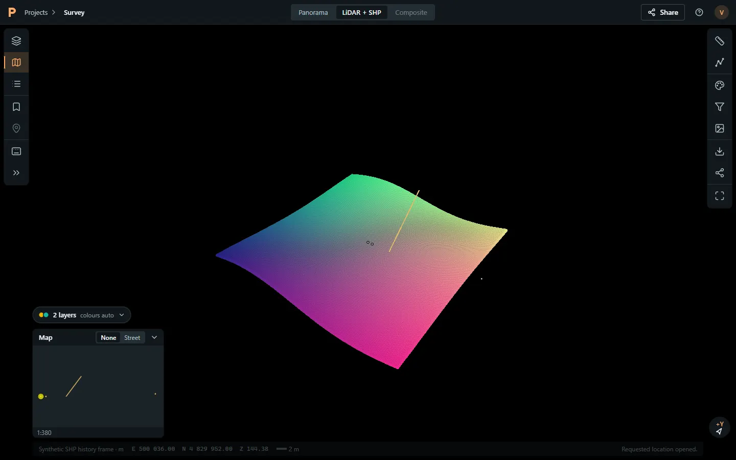 The PointCraft web viewer: a point cloud with an extracted line in 3D, the map panel docked bottom left and the tool bars on both sides