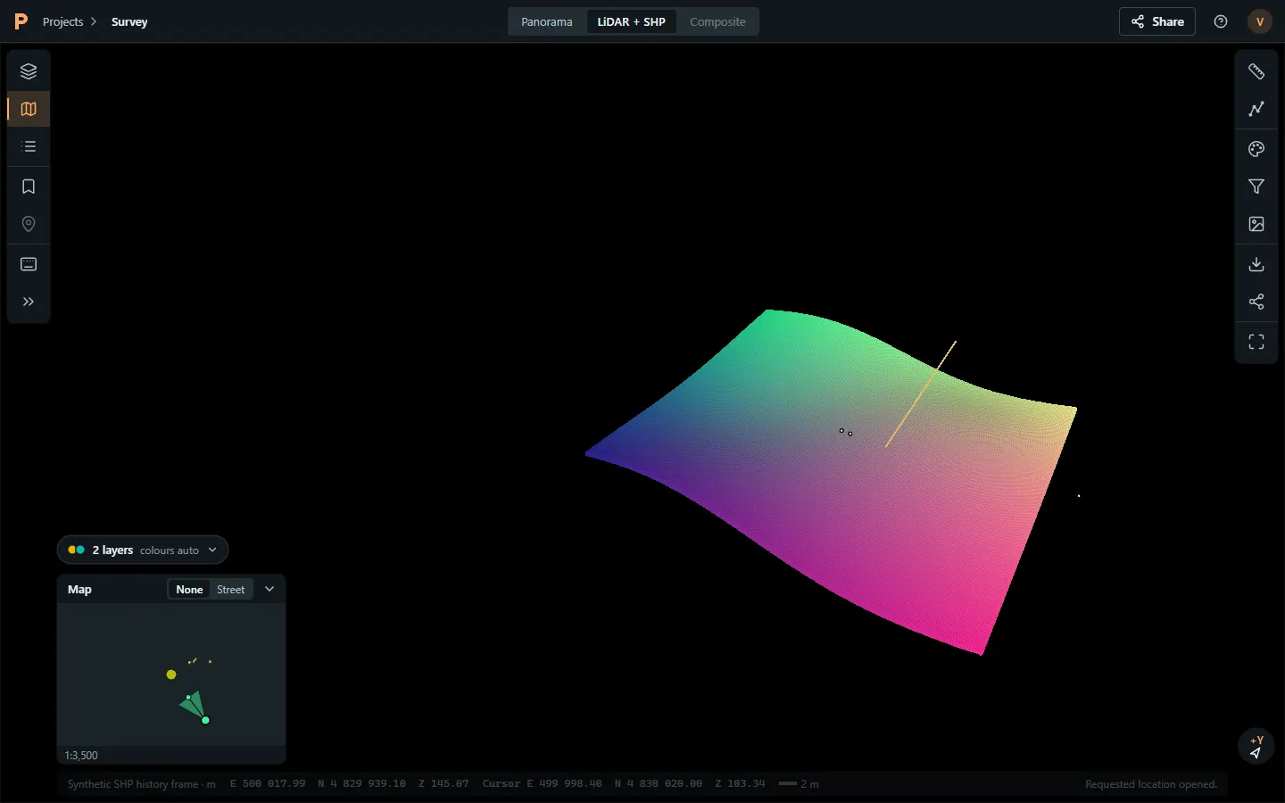 The PointCraft web viewer orbiting a point cloud in 3D, with the map panel showing the camera position